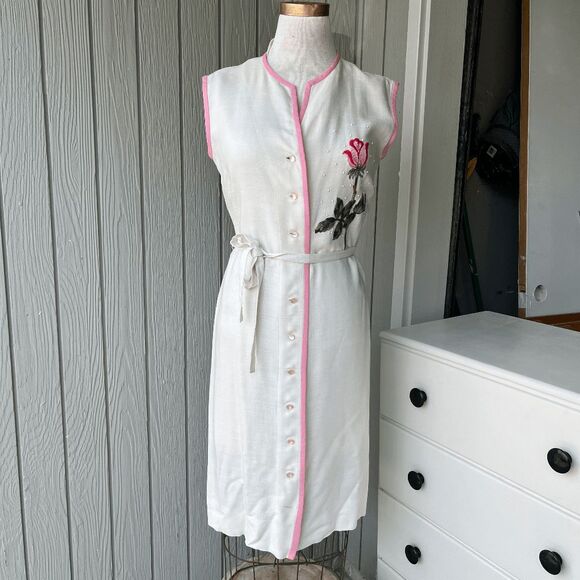 Vintage 1950s R&K Originals Rose Embroidered Dress – Union, Belted, M - Picture 1 of 16
